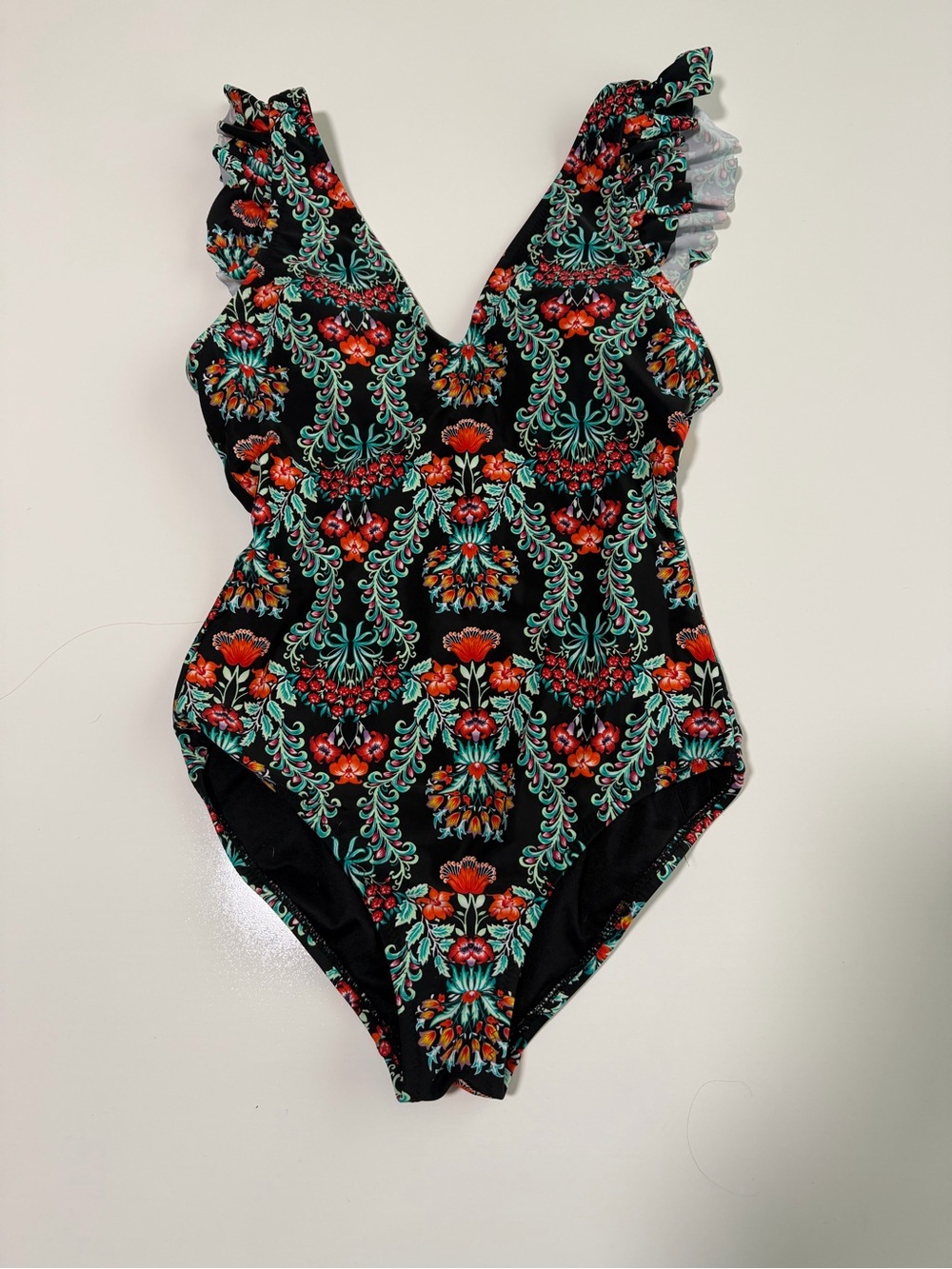 Jessica Simpson Black One-Piece Swimsuit with Red & Teal Floral Print